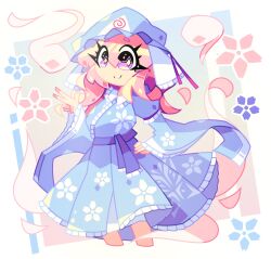 Rule 34 | 1girl, absurdres, blue hat, blue kimono, commentary, diamond-shaped pupils, diamond (shape), flower, frilled kimono, frills, ghost, hat, highres, japanese clothes, kimono, long sleeves, looking at viewer, lurky, medium hair, mob cap, pink hair, purple eyes, saigyouji yuyuko, sash, short hair, solo, symbol-shaped pupils, touhou, wide sleeves