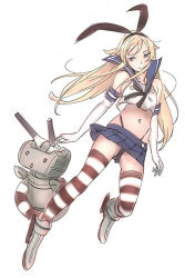 Rule 34 | 10s, 1girl, blonde hair, boots, brown eyes, crop top, crop top overhang, elbow gloves, gloves, grey footwear, hairband, innertube, kantai collection, long hair, navel, nishieda, personification, rensouhou-chan, school uniform, serafuku, shimakaze (kancolle), simple background, skirt, smile, striped clothes, striped thighhighs, swim ring, thighhighs, white background, zettai ryouiki