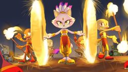 Rule 34 | 1girl, 6+boys, animal ears, blaze the cat, cat ears, cat girl, cat tail, fire, flame print, forehead jewel, furry, furry female, furry male, joeadok, looking at viewer, multiple boys, night, night sky, ponytail, reptile boy, sandals, sky, smile, sonic (series), tail, yellow eyes