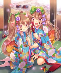 Rule 34 | 2girls, brown hair, japanese clothes, kimono, long hair, multiple girls, official art, red eyes, senjou no electro girl, shina shina