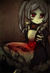 Rule 34 | 1girl, apron, bags under eyes, bloody marie (skullgirls), bone, flower, frills, gradient background, grey hair, long hair, long sleeves, looking away, looking to the side, lowres, maid apron, puffy long sleeves, puffy sleeves, red eyes, ribs, skullgirls, solo, swept bangs, toi (toiot), twintails