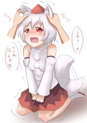 Rule 34 | 1girl, animal ears, bad id, bad pixiv id, blush, breasts, detached sleeves, fang, hat, heart, highres, hiroki meguru, inubashiri momiji, looking at viewer, open mouth, pom pom (clothes), red eyes, short hair, silver hair, simple background, sitting, small breasts, solo, tail, tail wagging, tokin hat, touhou, translation request, trembling, wavy mouth, wolf ears, wolf tail