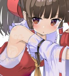 Rule 34 | 1girl, arm belt, armpit peek, ascot, bare shoulders, blunt bangs, blush, brown eyes, brown hair, close-up, commentary request, detached sleeves, frilled hair tubes, frills, hair tubes, hakurei reimu, looking at viewer, parted lips, puuakachan, simple background, solo, touhou, upper body, wet, wet clothes, white background, yellow ascot