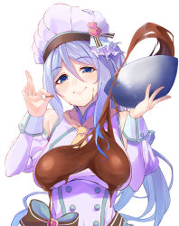Rule 34 | 1girl, blue eyes, blue hair, blush, breasts, chocolate, chocolate on body, chocolate on breasts, food on body, hair between eyes, half-closed eyes, hat, hat ornament, heart, heart hat ornament, highres, large breasts, looking at viewer, princess connect!, shimon (31426784), shizuru (princess connect!), shizuru (valentines) (princess connect!), simple background, smile, solo, white background, white hat