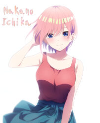 Rule 34 | 1girl, backlighting, bare arms, blue eyes, blue skirt, bob cut, breasts, character name, closed mouth, collarbone, commission, eyebrows hidden by hair, go-toubun no hanayome, hair between eyes, hand in own hair, highres, large breasts, looking at viewer, nakano ichika, nuguri444, pink hair, pixiv commission, red tank top, short hair, simple background, skirt, smile, solo, tank top, white background
