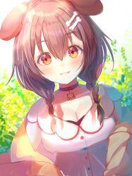 Rule 34 | 1girl, :3, absurdres, animal ears, blush, bone hair ornament, braid, breasts, brown eyes, brown hair, buttons, cleavage, closed mouth, collar, dog ears, dog girl, dress, hair between eyes, hair ornament, highres, hololive, inugami korone, long hair, looking at viewer, medium breasts, nekosaikou, red collar, smile, solo, twin braids, virtual youtuber, white dress