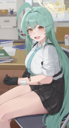 Rule 34 | 1girl, absurdres, ahoge, aqua hair, aqua necktie, bandaid, bandaid on arm, black gloves, black skirt, blue archive, blurry, breasts, brown eyes, collared shirt, commentary request, depth of field, gloves, highres, huge ahoge, huge breasts, indoors, long hair, looking at viewer, necktie, on chair, open mouth, plaid, plaid skirt, pleated skirt, ruha (ruha12haru), school uniform, shirt, short sleeves, sitting, skirt, smile, solo, thighs, very long hair, white shirt, yume (blue archive)