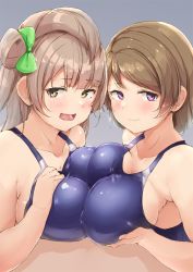 Rule 34 | 1boy, 2girls, blue one-piece swimsuit, blush, bow, breasts, brown hair, closed mouth, clothed sex, collarbone, competition swimsuit, green bow, grey background, hair bow, hair rings, half-closed eyes, half updo, hetero, highres, implied paizuri, koizumi hanayo, large breasts, light brown hair, long hair, looking at viewer, love live!, love live! school idol project, minami kotori, multiple girls, one-piece swimsuit, open mouth, purple eyes, shinonon (iso shino), short hair, simple background, swimsuit, tongue, wavy mouth, yellow eyes