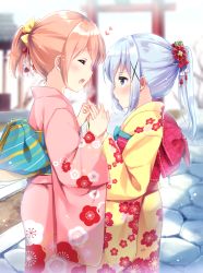 Rule 34 | 2girls, :d, bad id, bad pixiv id, blue eyes, blue hair, blurry, blurry background, blush, bow, breathing on another&#039;s hands, breathing on hands, closed eyes, commentary request, depth of field, facing away, floral print, from side, gochuumon wa usagi desu ka?, hair bow, hair ornament, heart, holding hands, hoto cocoa, irori, japanese clothes, kafuu chino, kimono, light brown hair, long hair, long sleeves, looking at another, multiple girls, obi, open mouth, pink kimono, ponytail, print kimono, profile, sash, sidelocks, smile, torii, wide sleeves, x hair ornament, yellow bow, yellow kimono