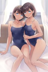 Rule 34 | 2girls, backlighting, bed, black hair, blue eyes, blue one-piece swimsuit, breasts, competition school swimsuit, covered navel, curtains, doppelganger, e (eokiba), highres, indoors, kofune mio, looking at viewer, medium hair, multiple girls, new school swimsuit, one-piece swimsuit, school swimsuit, shadow (summertime render), short hair, small breasts, summertime render, swimsuit, window