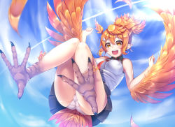 Rule 34 | 1girl, :s, bare shoulders, bird tail, black skirt, blouse, blue sky, blush, breasts, claws, commentary request, contrail, covered erect nipples, day, feathered wings, full body, gatchu, hair ornament, hairclip, harpy, head wings, highres, lens flare, light rays, long hair, looking at viewer, medium breasts, miniskirt, monster girl, orange eyes, orange hair, orange wings, original, outdoors, panties, pleated skirt, pointy ears, ponytail, round teeth, shirt, skirt, sky, sleeveless, sleeveless shirt, solo, sunbeam, sunlight, tail, talons, teeth, trefoil, underwear, upper teeth only, upskirt, white panties, white shirt, wing hair ornament, winged arms, wings
