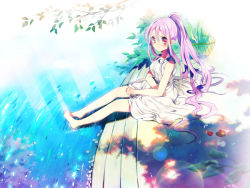Rule 34 | 1girl, bare legs, clenched hand, day, dorsiflexion, from side, full body, in water, lab coat, light, long hair, looking at viewer, original, outdoors, plantar flexion, ponytail, purple eyes, purple hair, rugo, sitting, smile, solo, very long hair, water