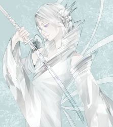 Rule 34 | 1girl, agatsumaattsu, bleach, blue background, blue theme, closed mouth, expressionless, female focus, from side, hair between eyes, hair ornament, half-closed eyes, holding, holding sword, holding weapon, japanese clothes, katana, kuchiki rukia, long sleeves, looking down, pale color, pale skin, profile, purple eyes, sheath, sheathed, short hair, simple background, solo, spoilers, sword, weapon, white hair