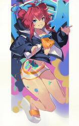 Rule 34 | 1girl, absurdres, alternate costume, blue archive, blue eyes, can, commentary request, double bun, graffiti, grin, hair between eyes, hair bun, halo, highres, holding, holding can, hood, hooded sweater, jacket, knees together feet apart, ktr (tpun2553), long hair, long sleeves, looking at viewer, maki (blue archive), navel, open clothes, open jacket, red hair, sandals, sidelocks, smile, solo, spray can, stomach, stomach tattoo, sweater, sweater jacket, tattoo, toes, v-shaped eyebrows
