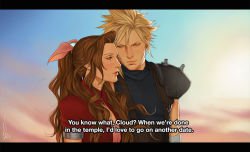Rule 34 | 1boy, 1girl, aerith gainsborough, armor, bandaged arm, bandages, belt, blonde hair, blue shirt, brown hair, choker, cloud strife, dress, final fantasy, final fantasy vii, green eyes, hair between eyes, hair ribbon, hetero, jacket, jewelry, looking at another, materia, merwild, necklace, outdoors, parted bangs, pink dress, pink ribbon, ponytail, red jacket, ribbon, shirt, short hair, shoulder armor, sidelocks, sleeveless, sleeveless turtleneck, spiked hair, square enix, subtitled, suspenders, turtleneck, upper body, wavy hair