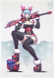 Rule 34 | 1girl, ankle boots, antlers, bell, belt, black thighhighs, blue hair, boots, box, breasts, christmas, christmas lights, cleavage, collar, detached sleeves, female focus, fur trim, gift, gift box, gloves, gradient background, hair over one eye, headphones, horns, huge weapon, large breasts, neck bell, original, over shoulder, panties, pantyshot, project mekanizer, red gloves, reindeer antlers, short hair, sitting, solo, striped clothes, striped panties, swept bangs, sword, thighhighs, underwear, weapon, weapon over shoulder, zeronis