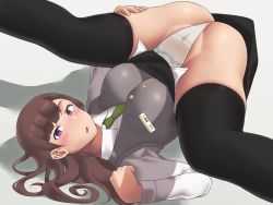 Rule 34 | 1girl, ass, black skirt, black thighhighs, blush, breasts, brown hair, curvy, facial hair, green neckwear, grey vest, highres, large breasts, long hair, long sleeves, lying, mole, mole on ass, name tag, necktie, neckwear request, office lady, on back, original, panties, plump, purple eyes, ryokucha michi, shirt, skirt, stained panties, stubble, thighhighs, thighs, underwear, vest, white panties, white shirt