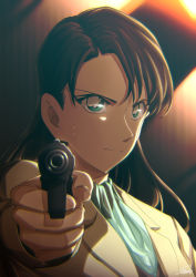 Rule 34 | 1girl, aiming, aiming at viewer, brown hair, closed mouth, formal, green eyes, gun, handgun, highres, holding, holding weapon, lapels, long hair, looking at viewer, meitantei conan, miyano akemi, notched lapels, solo, sooma4869, suit, weapon, white suit