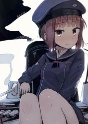 Rule 34 | 10s, 1girl, 2016, 3:, bad id, bad pixiv id, blunt bangs, blush, brown eyes, brown hair, clothes writing, commentary request, dated, dress, eyebrows, hat, kantai collection, knees up, looking at viewer, machinery, military, military hat, military uniform, nose blush, peaked cap, sailor collar, sailor dress, sailor hat, short hair, sitting, solo, tears, torn clothes, turret, uniform, yopan danshaku, z3 max schultz (kancolle)