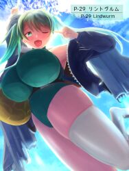Rule 34 | 1girl, bare shoulders, belt, breasts, cloud, covered erect nipples, day, female focus, green eyes, green hair, green leotard, highres, huge breasts, impossible clothes, impossible leotard, ituki gi, jacket, japanese text, last origin, leotard, lindwurm (last origin), matching hair/eyes, one eye closed, open mouth, shiny skin, skin tight, skindentation, sky, solo, thick thighs, thighhighs, thighs, translation request, white thighhighs, wink