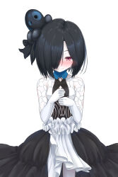 Rule 34 | 1girl, absurdres, black dress, black hair, black surge night, blush, bouquet, colored skin, commentary request, crying, crying with eyes open, dress, elbow gloves, flower, frilled dress, frills, gloves, hair over one eye, highres, holding, luetzow (black surge night), medium hair, octopus hair ornament, official alternate costume, pale skin, red eyes, soanote, tears, white background, white dress, white gloves, white skin