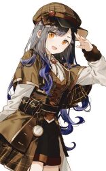 Rule 34 | 1girl, absurdres, belt pouch, black hair, black pants, blue hair, brown capelet, brown dress, brown hair, capelet, collared shirt, cowboy shot, dot nose, dress, gradient hair, grey hair, hand up, hat, highres, jewelry, let&#039;s study hard! (project sekai), long hair, long sleeves, looking at viewer, migolu, monocle, multicolored hair, official alternate costume, open mouth, pants, parted bangs, peaked cap, pendant, plaid headwear, pouch, project sekai, purple hair, salute, shiraishi an, shirt, simple background, smile, solo, two-tone hair, waist cape, wavy hair, white background, white shirt, yellow eyes