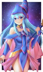 Rule 34 | 1girl, absurdres, aqua hair, armor, bare shoulders, blush, breastplate, breasts, cape, cleavage, cosplay, dark magician girl, dark magician girl (cosplay), doiparuni, eirika (fire emblem), fire emblem, fire emblem: the sacred stones, hat, highres, long hair, looking at viewer, nintendo, simple background, skirt, smile, solo, staff, weapon, yu-gi-oh!