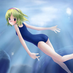 Rule 34 | 1girl, alice margatroid, bad id, blonde hair, blue one-piece swimsuit, blush, brown eyes, female focus, hairband, kannazuki hato, one-piece swimsuit, pink hairband, school swimsuit, short hair, solo, swimsuit, touhou, underwater