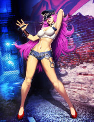 Rule 34 | 1girl, bangle, big hair, blue eyes, blue shorts, bracelet, breasts, chain, cleavage, collar, cuffs, denim, denim shorts, final fight, full body, genzoman, hair over one eye, handcuffs, hat, jewelry, large breasts, lipstick, long hair, makeup, nail polish, navel, pink hair, poison (final fight), red lips, red nails, riding crop, shadow, shorts, signature, solo, very long hair, whip