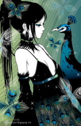 Rule 34 | 1girl, bird, black dress, black hair, blue eyes, breasts, bug, butterfly, cleavage, detached sleeves, dress, earrings, eri kamijo, eye contact, eyeshadow, feathers, bug, jewelry, long hair, looking at another, makeup, necklace, original, pale skin, peacock, ponytail, small breasts, solo