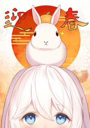 Rule 34 | 1girl, animal, animal on head, black eyes, blue eyes, chinese zodiac, commentary request, egasumi, food, fruit, hair between eyes, highres, kagami mochi, looking at viewer, looking away, looking up, mandarin orange, new year, on head, original, rabbit, roido (taniko-t-1218), solo, sparkle, translation request, white hair, year of the rabbit