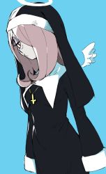 Rule 34 | 1girl, absurdres, alternate costume, angel wings, bags under eyes, black dress, blue background, catholic, closed mouth, cross, cross necklace, crucifix, dress, expressionless, hair over one eye, half-closed eyes, halo, highres, inverted cross, jewelry, light purple hair, little witch academia, long hair, looking at viewer, mini wings, necklace, nun, pale skin, red eyes, robe, simple background, sleeves past fingers, sleeves past wrists, solo, standing, sucy manbavaran, traditional nun, veil, wings, woogleboy