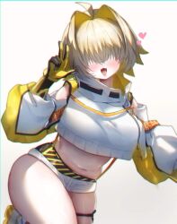 Rule 34 | 1girl, ahoge, bare shoulders, blonde hair, blush, breasts, cowboy shot, elegg (nikke), facing viewer, fang, gloves, goddess of victory: nikke, hair intakes, hair over eyes, head tilt, heart, highres, karen (ka 0896), large breasts, long bangs, medium hair, multicolored hair, navel, open mouth, shorts, simple background, solo, suspender shorts, suspenders, thick thighs, thigh strap, thighs, two-tone hair