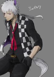 Rule 34 | 1boy, animal crossing, animal ears, bad id, bad pixiv id, gloves, grey background, grey hair, horse ears, horse tail, long hair, low ponytail, male focus, necktie, nintendo, personification, red eyes, ronisuke, roscoe (animal crossing), simple background, solo, tail