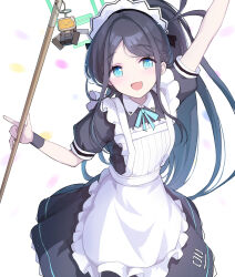 Rule 34 | 1girl, :d, apron, aris (blue archive), aris (maid) (blue archive), arm up, black hair, blue archive, blue eyes, broom, commentary, highres, holding, holding broom, long hair, maid, maid apron, maid headdress, miya kazutomo, official alternate costume, open mouth, ponytail, smile, solo