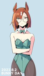 Rule 34 | 1girl, alternate costume, animal ears, asymmetrical bangs, bare shoulders, black pantyhose, blue background, breasts, breasts apart, brown hair, bunny day, closed mouth, covered navel, crossed arms, dated, detached collar, frown, glaring, glasses, green leotard, grey eyes, highres, horse ears, ikuno dictus (umamusume), leotard, looking at viewer, pantyhose, round eyewear, short hair, simple background, sinnra art, small breasts, solo, umamusume, v-shaped eyebrows