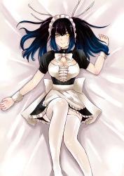 Rule 34 | 1girl, absurdres, apron, black hair, blush, breasts, character request, cleavage, cleavage cutout, clothing cutout, copyright request, dakimakura (medium), dress, highres, large breasts, long hair, lying, maid, maid apron, maid headdress, mimo (mimoii), on back, puffy short sleeves, puffy sleeves, short sleeves, smile, solo, thighhighs, twintails, waist apron, white thighhighs, wrist cuffs, yellow eyes