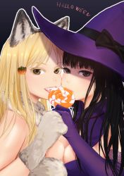 Rule 34 | 10s, 2girls, animal ears, asymmetrical docking, black hair, blonde hair, breast press, breasts, brown eyes, candy, colored eyelashes, costume, elbow gloves, english text, food, food-themed hair ornament, fur collar, gloves, hair ornament, halloween, hat, hidaka koharu, high score girl, large breasts, lollipop, long hair, looking at viewer, medium breasts, multiple girls, oono akira, open mouth, outline, pumpkin hair ornament, purple gloves, senoka, shared food, signature, tongue, tongue out, white outline, witch, witch hat, wolf ears