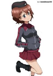 Rule 34 | 1girl, adapted uniform, akaboshi koume, artist name, black footwear, black socks, blue eyes, boots, brown hair, closed mouth, commentary, cowboy shot, dress shirt, girls und panzer, grey jacket, hands in pockets, jacket, kayabakoro, kuromorimine military uniform, leg up, looking at viewer, multiple girls, one-hour drawing challenge, red shirt, shirt, short hair, simple background, smile, socks, solo, standing, standing on one leg, track jacket, twitter username, wavy hair, white background, wing collar