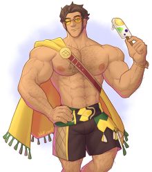 Rule 34 | 1boy, abs, alternate costume, artist name, bara, belt, biceps, bracelet, brown hair, cape, claude von riegan, f con, facial hair, fire emblem, fire emblem: three houses, food, green eyes, hairy, hand on own hip, highres, ice cream, jewelry, large pectorals, looking at viewer, male focus, manly, mature male, muscular, muscular male, navel, navel hair, nintendo, nipples, no shirt, one eye closed, pectorals, popsicle, short hair, shorts, signature, simple background, smirk, solo, stubble, sunglasses, thick arms, thick eyebrows, thick thighs, thighs, white background