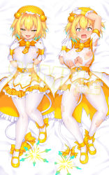 Rule 34 | 1girl, :d, @ @, bed sheet, blonde hair, blue eyes, blush, bombergirl, breasts, buttons, dakimakura (medium), double-breasted, fang, gloves, hair ornament, hand up, hands up, hat, highres, index finger raised, large breasts, looking at viewer, multiple views, necktie, nipples, open mouth, orange neckwear, pantyhose, pine (bombergirl), sample watermark, satou kuuki, shirt, shoes, short hair, smile, tail, torn clothes, torn legwear, watermark, white gloves, white pantyhose, white shirt, yellow footwear