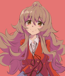 Rule 34 | 1girl, aisaka taiga, black ribbon, blazer, blue skirt, brown eyes, brown hair, closed mouth, commentary request, hair between eyes, highres, jacket, long hair, long sleeves, looking at viewer, neck ribbon, oohashi high school uniform, pleated skirt, red background, red jacket, red theme, ribbon, sadarann, school uniform, sidelocks, simple background, skirt, smile, solo, toradora!, very long hair