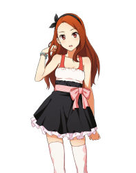 Rule 34 | 1girl, argyle, argyle clothes, argyle legwear, bad id, bad pixiv id, bare shoulders, bow, bracelet, breasts, brown eyes, brown hair, dress, fashion, hair ribbon, hand in own hair, idolmaster, idolmaster (classic), jewelry, looking at viewer, minase iori, ribbon, simple background, small breasts, solo, standing, thighhighs, white thighhighs, yuuhi, yuuhi (ages)
