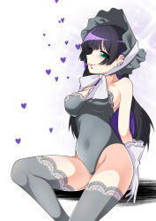 Rule 34 | 1girl, absurdres, bare shoulders, black hair, bocchi the rock!, bonnet, breasts, chin piercing, colored inner hair, commentary request, covered navel, ear piercing, earrings, gloves, green eyes, grey leotard, grey thighhighs, highres, hime cut, jewelry, lace, lace-trimmed thighhighs, large breasts, leotard, long hair, multicolored hair, official alternate costume, pa-san, piercing, purple hair, qtarou, sitting, solo, strapless, strapless leotard, thighhighs, two-tone hair, white gloves