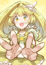 Rule 34 | 10s, 1girl, blonde hair, blush, bow, choker, cure peace, double v, foreshortening, frilled skirt, frills, hair flaps, kise yayoi, long hair, magical girl, open mouth, precure, skirt, smile, smile precure!, solo, v, yasu, yellow background, yellow bow, yellow eyes, yellow skirt, yellow theme