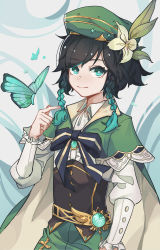 Rule 34 | 1boy, absurdres, androgynous, beret, black hair, blue hair, bow, braid, brooch, bug, butterfly, cape, closed mouth, collared cape, collared shirt, corset, flower, frilled sleeves, frills, gem, genshin impact, gradient hair, green eyes, green hat, green shorts, hat, hat flower, highres, insect, jewelry, leaf, long sleeves, looking at viewer, male focus, multicolored hair, pinwheel, shirt, short hair with long locks, shorts, simple background, smile, solo, twin braids, venti (genshin impact), vision (genshin impact), white flower, white shirt, yuk233