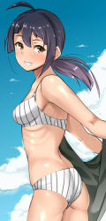 Rule 34 | 1girl, ahoge, ass, bikini, black hair, blue sky, blunt bangs, bra, breasts, chirashi (so), cloud, commentary request, cowboy shot, day, from behind, from side, fujinami (kancolle), grin, hair ribbon, highres, kantai collection, long hair, looking at viewer, medium breasts, outdoors, panties, ribbon, side ponytail, simple background, sky, smile, solo, striped bikini, striped clothes, swimsuit, underwear, undressing, white background, white bikini, white ribbon, yellow eyes