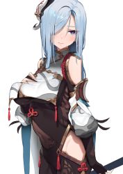 Rule 34 | 1girl, absurdres, bad id, bad pixiv id, blue eyes, blue hair, blush, breasts, closed mouth, covered navel, eyebrows hidden by hair, fingerless gloves, genshin impact, gloves, hair ornament, hair over one eye, highres, long hair, medium breasts, pomesaurus, shenhe (genshin impact), simple background, solo, swept bangs, thighs, white background