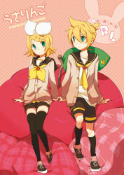 Rule 34 | 1boy, 1girl, bad id, bad pixiv id, brother and sister, kagamine len, kagamine rin, matsyumaro, siblings, sitting, thighhighs, twins, vocaloid