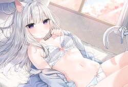 Rule 34 | 1girl, animal ear fluff, bad id, bad pixiv id, bed sheet, blouse, blue shirt, blush, bow, bow bra, bow panties, bra, breasts, cat girl, closed mouth, collared shirt, commentary, curtains, day, dress shirt, grey hair, hand up, indoors, light smile, long hair, long sleeves, looking at viewer, lying, mafuyu (chibi21), navel, on back, open clothes, open shirt, original, panties, purple eyes, romaji commentary, shirt, signature, sleeves past wrists, small breasts, solo, tail, tail bow, tail ornament, tail raised, underwear, white bow, white bra, white panties, window